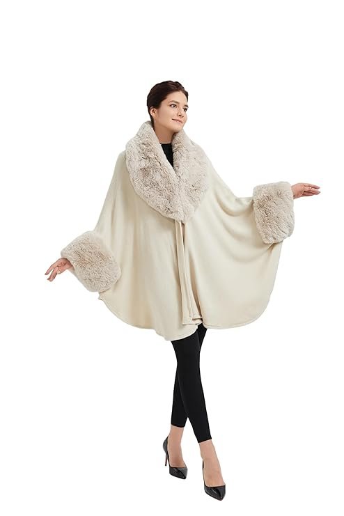 SUFCOMOU Women Cape Poncho with Fur Trim Winter Faux Fur Shawl Wrap Coat Sleeveless Cardigan Cloak