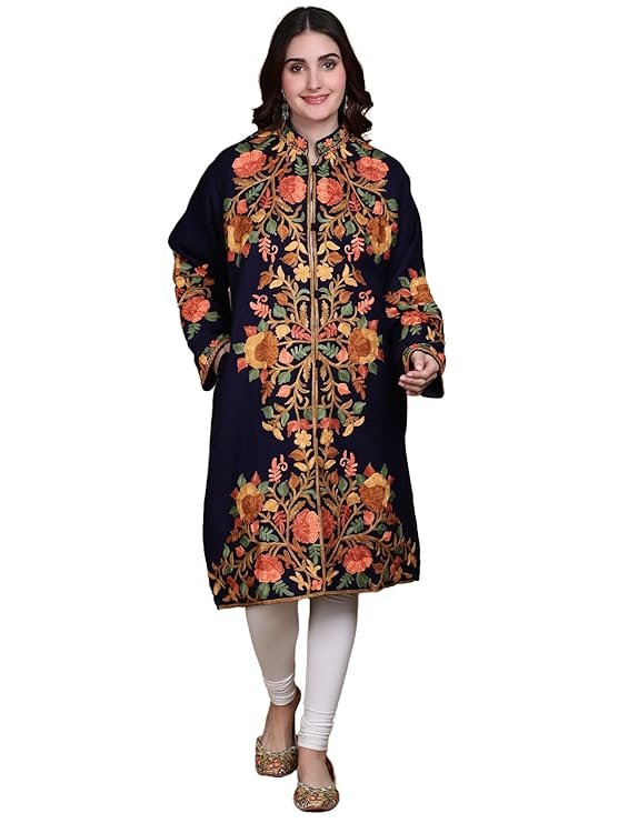 Exotic India Women's Kashmir Wool Long Jacket with Multicolor Floral Aari Embroidered | Beautiful Flower Embroidery Long Woolen Jacket, Coat For Winter