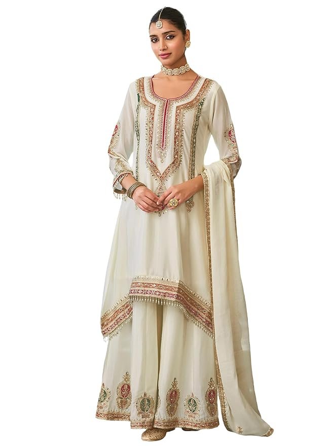 INDO ERA Women's A-Line Chinon Ethnic Motifs Embroidered Kurta & Palazzo with Dupatta Set