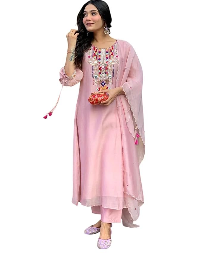 NAIKU TRADERS Women's Cotton Mirror Work Embroidered Straight Kurti with Pant and Dupatta Set
