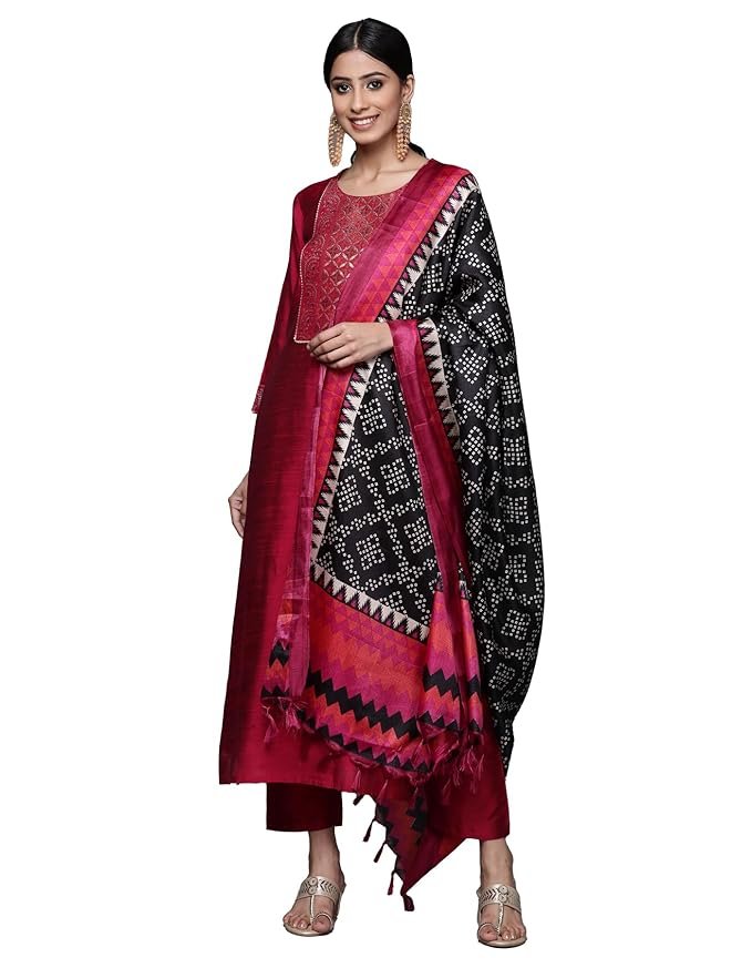 Varanga Brocade Yoke with Gota Detail Kurta with Trouser with Bandhani Printed Dupatta